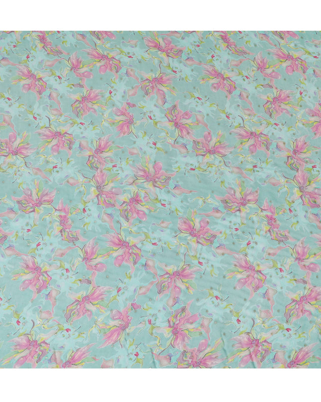 Aqua Blue Floral Synthetic Organza Fabric - 110 cm Width, Made in India-D19633