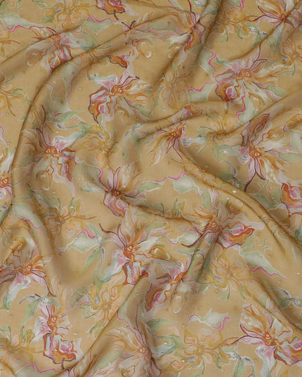 Golden Floral Synthetic Organza Fabric - 110 cm Width, Made in India-D19634