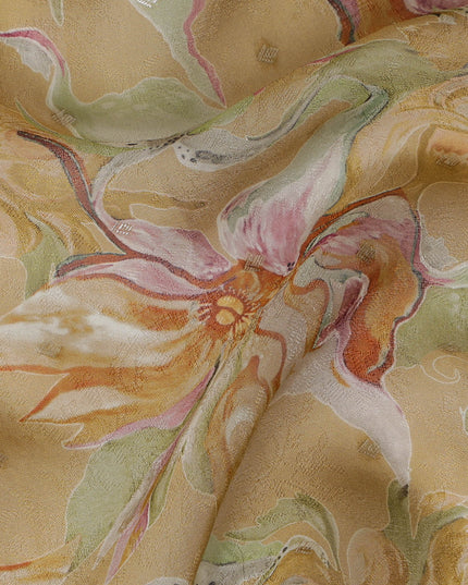 Golden Floral Synthetic Organza Fabric - 110 cm Width, Made in India-D19634