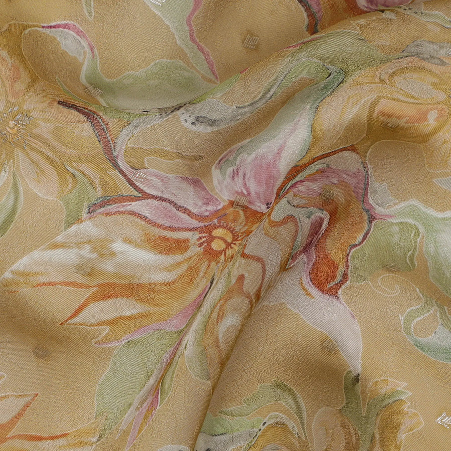 Golden Floral Synthetic Organza Fabric - 110 cm Width, Made in India-D19634 Regal Fabrics