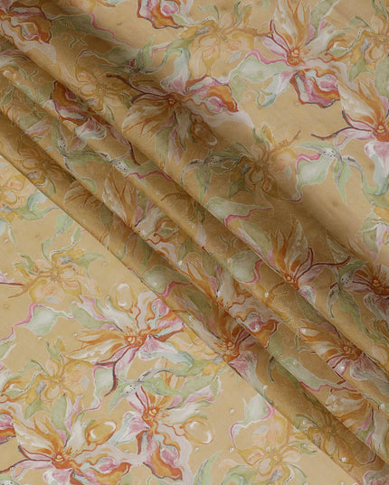 Golden Floral Synthetic Organza Fabric - 110 cm Width, Made in India-D19634