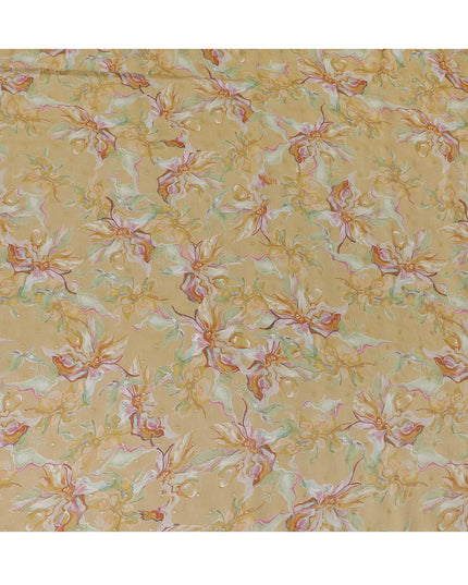 Golden Floral Synthetic Organza Fabric - 110 cm Width, Made in India-D19634