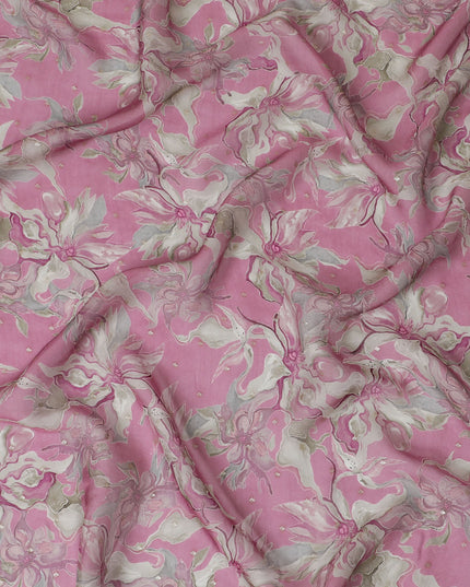 Pink and White Floral Synthetic Organza Fabric - 110 cm Width, Made in India-D19635