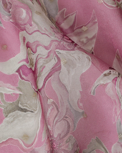 Pink and White Floral Synthetic Organza Fabric - 110 cm Width, Made in India-D19635