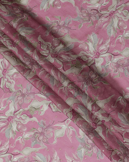 Pink and White Floral Synthetic Organza Fabric - 110 cm Width, Made in India-D19635