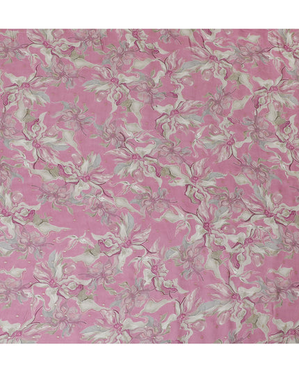 Pink and White Floral Synthetic Organza Fabric - 110 cm Width, Made in India-D19635