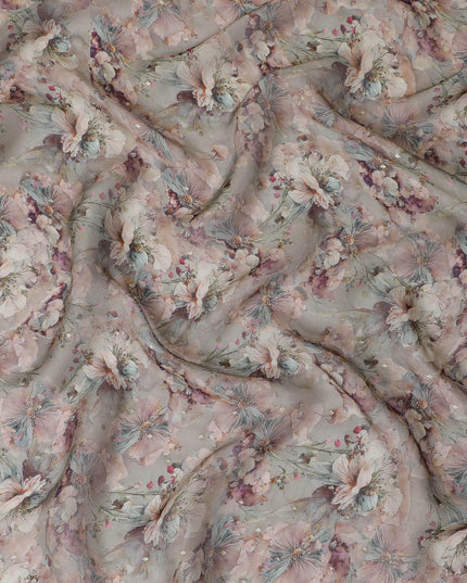 Gray Floral Synthetic Organza Fabric - 110 cm Width, Made in India-D19637