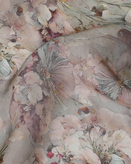 Gray Floral Synthetic Organza Fabric - 110 cm Width, Made in India-D19637