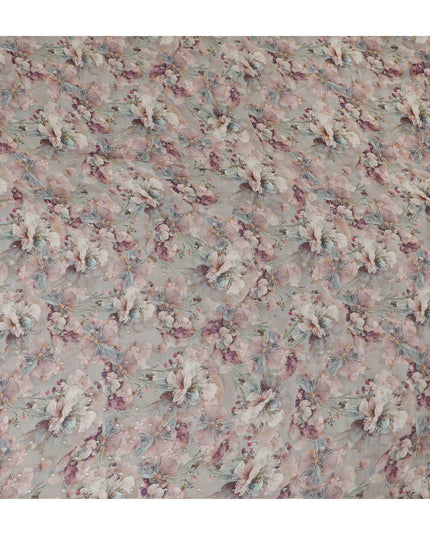 Gray Floral Synthetic Organza Fabric - 110 cm Width, Made in India-D19637