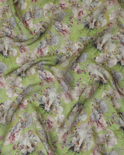 Green and Gray Floral Synthetic Organza Fabric - 110 cm Width, Made in India-D19638