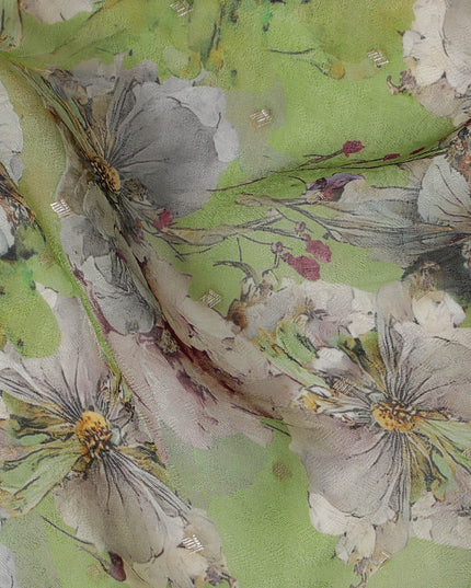 Green and Gray Floral Synthetic Organza Fabric - 110 cm Width, Made in India-D19638