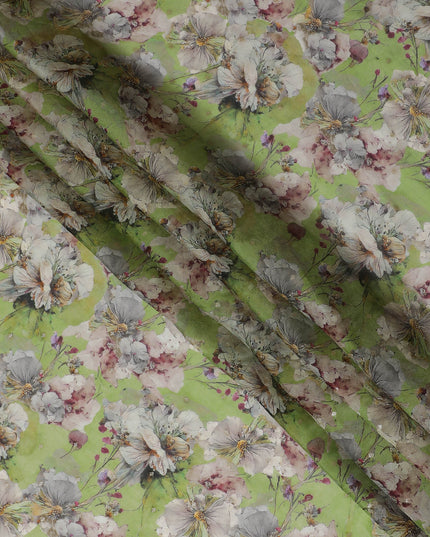 Green and Gray Floral Synthetic Organza Fabric - 110 cm Width, Made in India-D19638