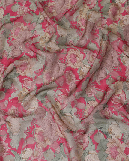 Ruby pink and Beige Floral Synthetic Organza Fabric - 110 cm Width, Made in India-D19639