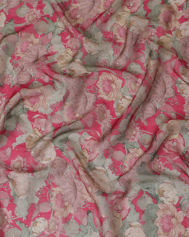 Ruby pink and Beige Floral Synthetic Organza Fabric - 110 cm Width, Made in India-D19639