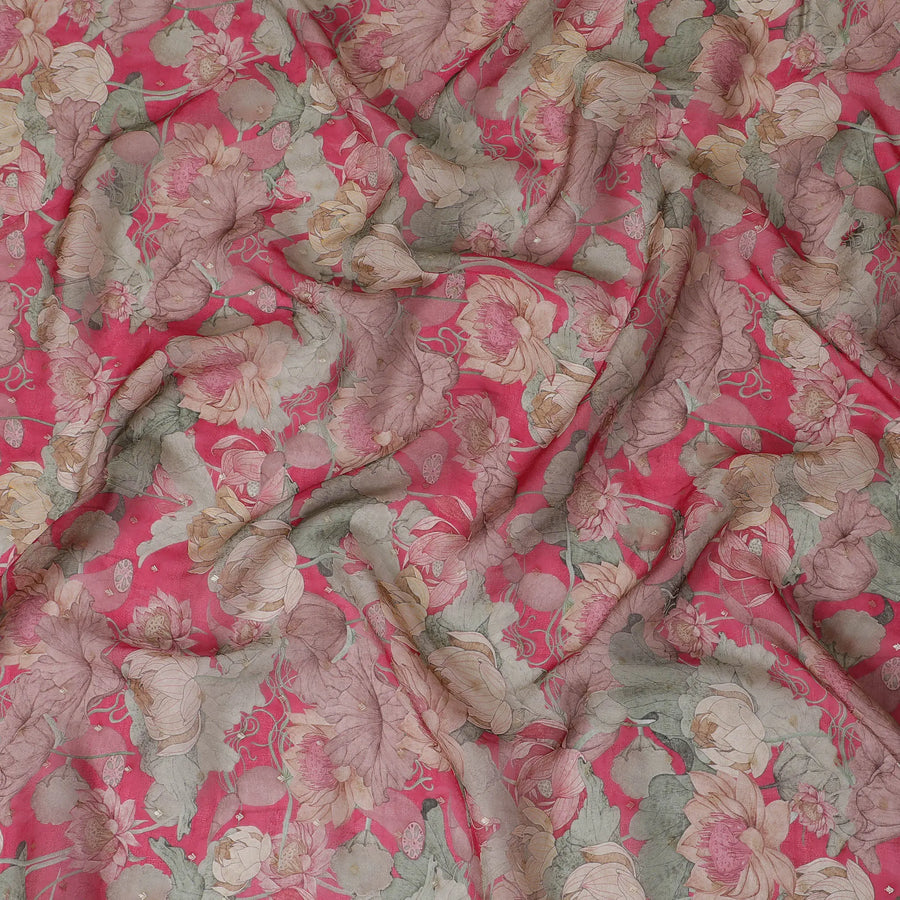 Ruby pink and Beige Floral Synthetic Organza Fabric - 110 cm Width, Made in India-D19639 Regal Fabrics