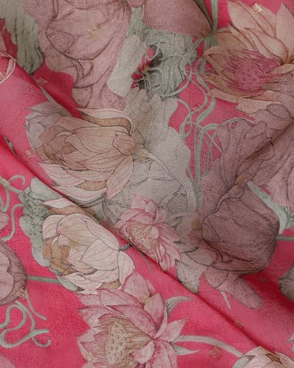 Ruby pink and Beige Floral Synthetic Organza Fabric - 110 cm Width, Made in India-D19639