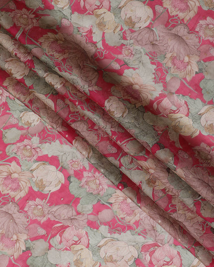 Ruby pink and Beige Floral Synthetic Organza Fabric - 110 cm Width, Made in India-D19639