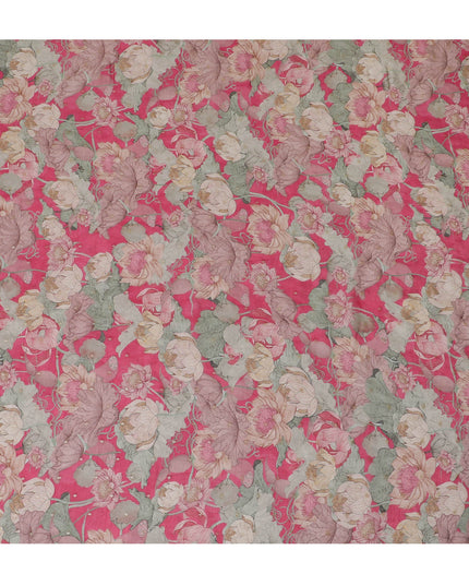 Ruby pink and Beige Floral Synthetic Organza Fabric - 110 cm Width, Made in India-D19639