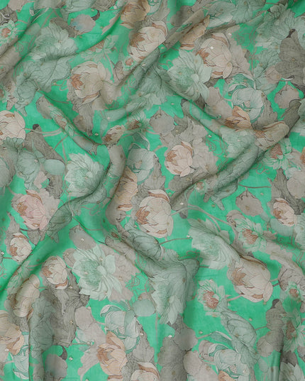 Green and Beige Floral Synthetic Organza Fabric - 110 cm Width, Made in India-D19640