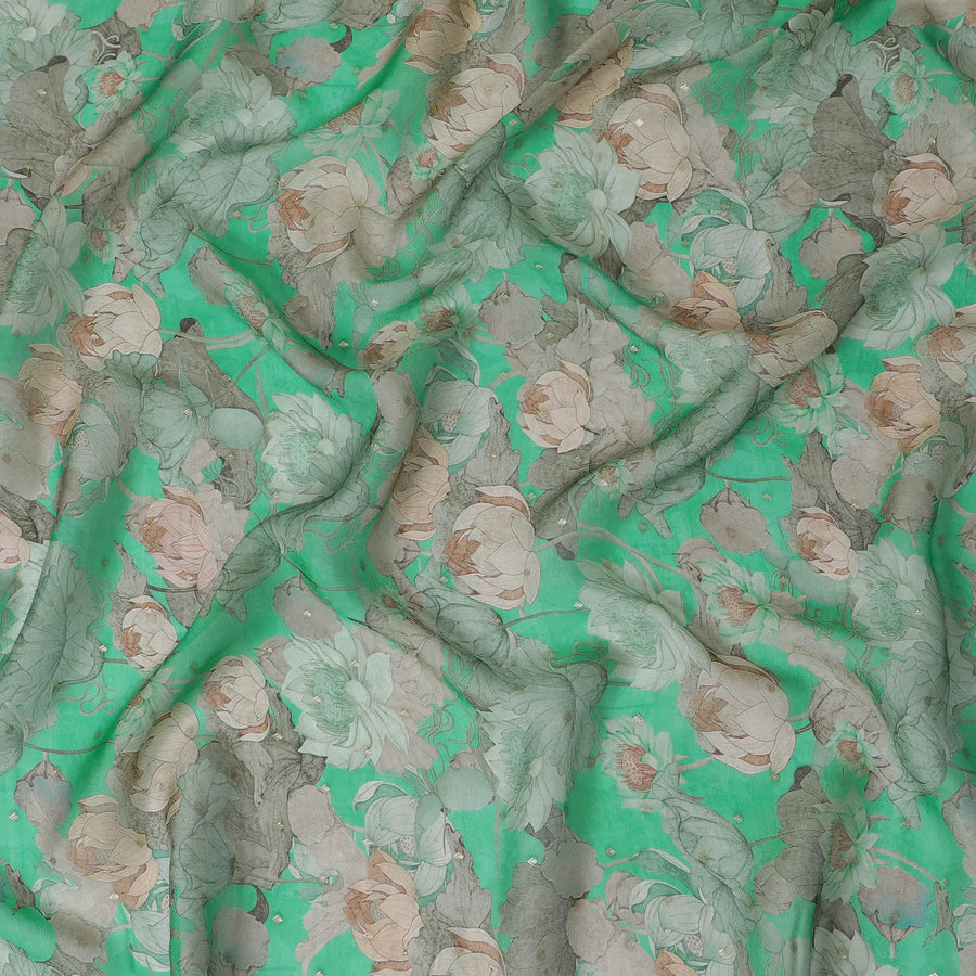 Green and Beige Floral Synthetic Organza Fabric - 110 cm Width, Made in India-D19640 Regal Fabrics