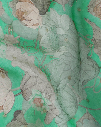 Green and Beige Floral Synthetic Organza Fabric - 110 cm Width, Made in India-D19640