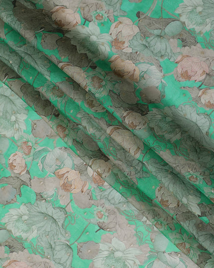 Green and Beige Floral Synthetic Organza Fabric - 110 cm Width, Made in India-D19640