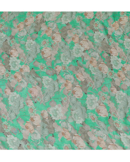 Green and Beige Floral Synthetic Organza Fabric - 110 cm Width, Made in India-D19640