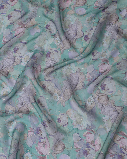 Aqua Blue and Lavender Floral Synthetic Organza Fabric - 110 cm Width, Made in India-D19641