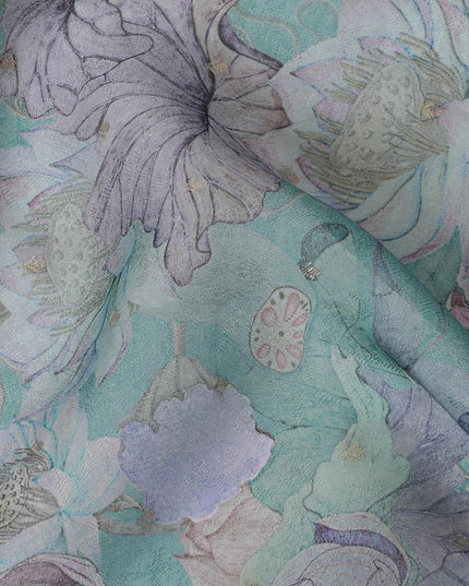 Aqua Blue and Lavender Floral Synthetic Organza Fabric - 110 cm Width, Made in India-D19641