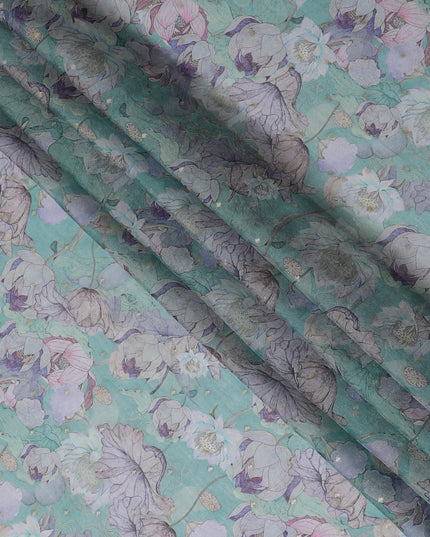 Aqua Blue and Lavender Floral Synthetic Organza Fabric - 110 cm Width, Made in India-D19641