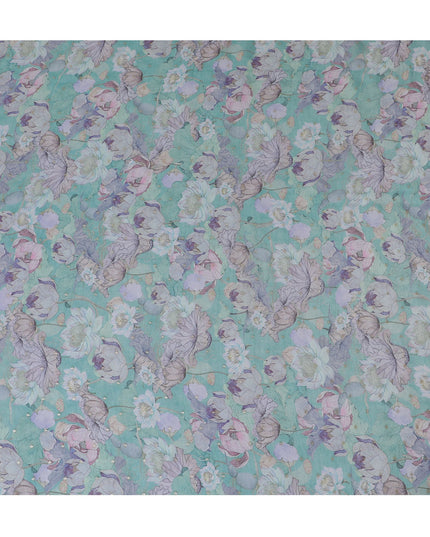 Aqua Blue and Lavender Floral Synthetic Organza Fabric - 110 cm Width, Made in India-D19641