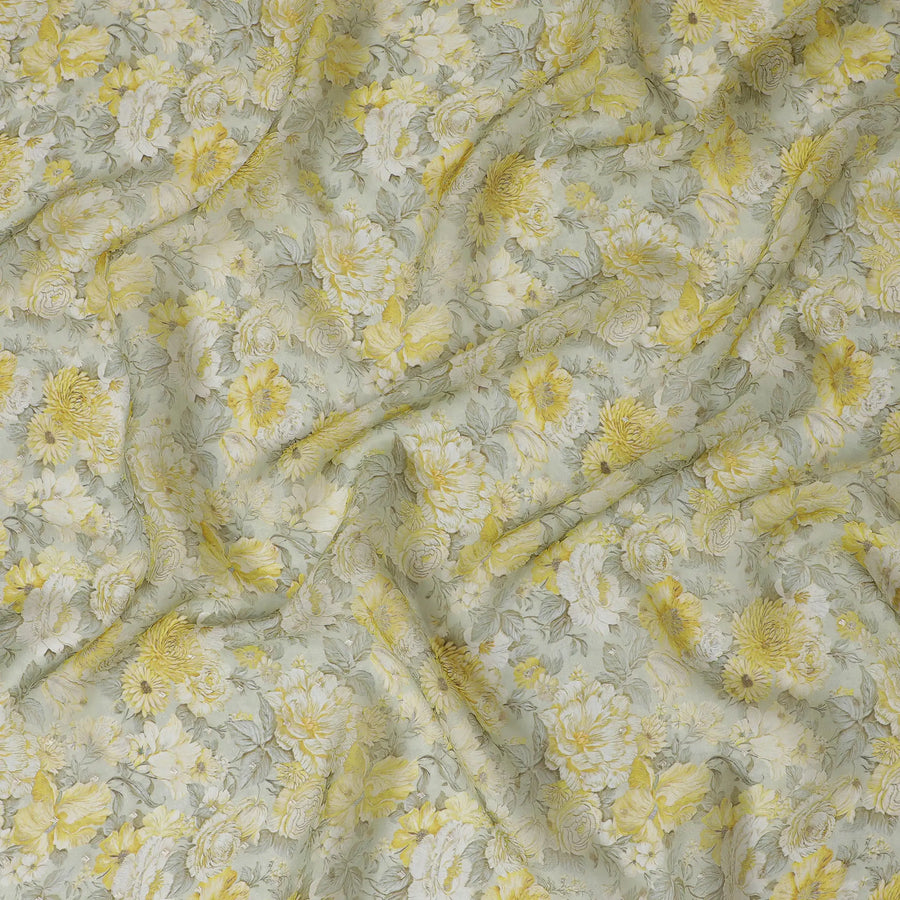 Yellow and Gray Floral Synthetic Organza Fabric - 110 cm Width, Made in India-D19642 Regal Fabrics