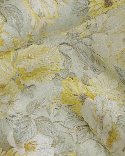 Yellow and Gray Floral Synthetic Organza Fabric - 110 cm Width, Made in India-D19642