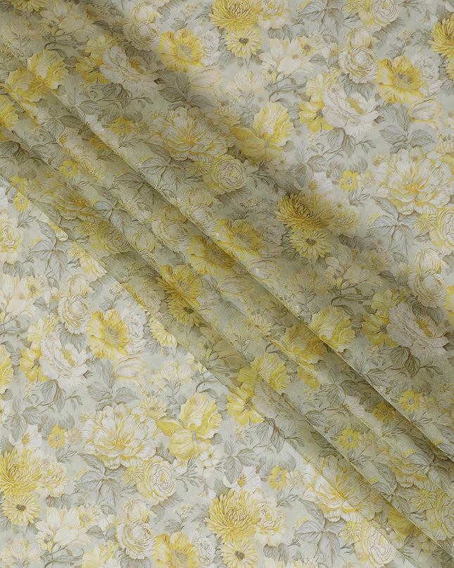 Yellow and Gray Floral Synthetic Organza Fabric - 110 cm Width, Made in India-D19642