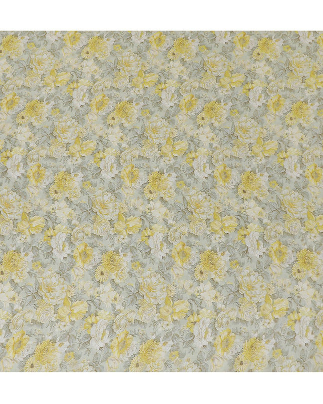 Yellow and Gray Floral Synthetic Organza Fabric - 110 cm Width, Made in India-D19642