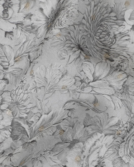 Gray Floral Synthetic Organza Fabric - 110 cm Width, Made in India-D19643