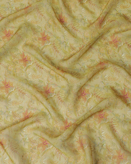 Yellow and Orange Floral Synthetic Organza Fabric - 110 cm Width, Made in India-D19644