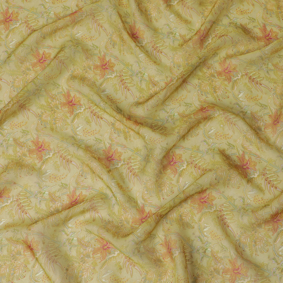 قماش أورجانزا صناعي مزين بالزهور باللونين الأصفر والبرتقالي - عرض 110 سم، صنع في الهند-D19644