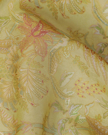 Yellow and Orange Floral Synthetic Organza Fabric - 110 cm Width, Made in India-D19644