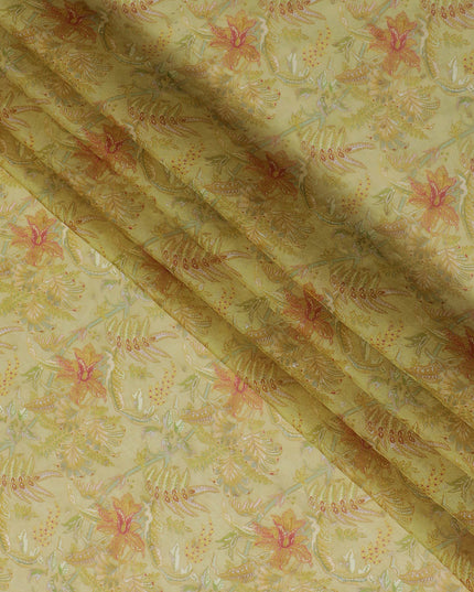 Yellow and Orange Floral Synthetic Organza Fabric - 110 cm Width, Made in India-D19644