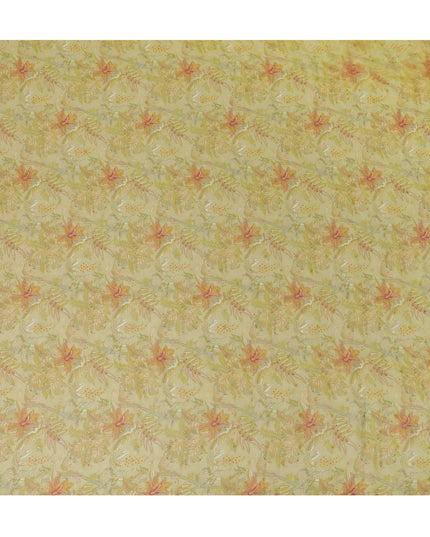 Yellow and Orange Floral Synthetic Organza Fabric - 110 cm Width, Made in India-D19644