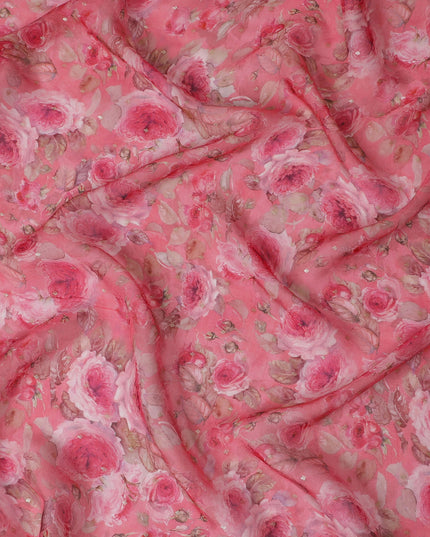 Pink Floral Synthetic Organza Fabric - 110 cm Width, Made in India-D19645