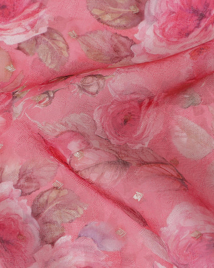 Pink Floral Synthetic Organza Fabric - 110 cm Width, Made in India-D19645