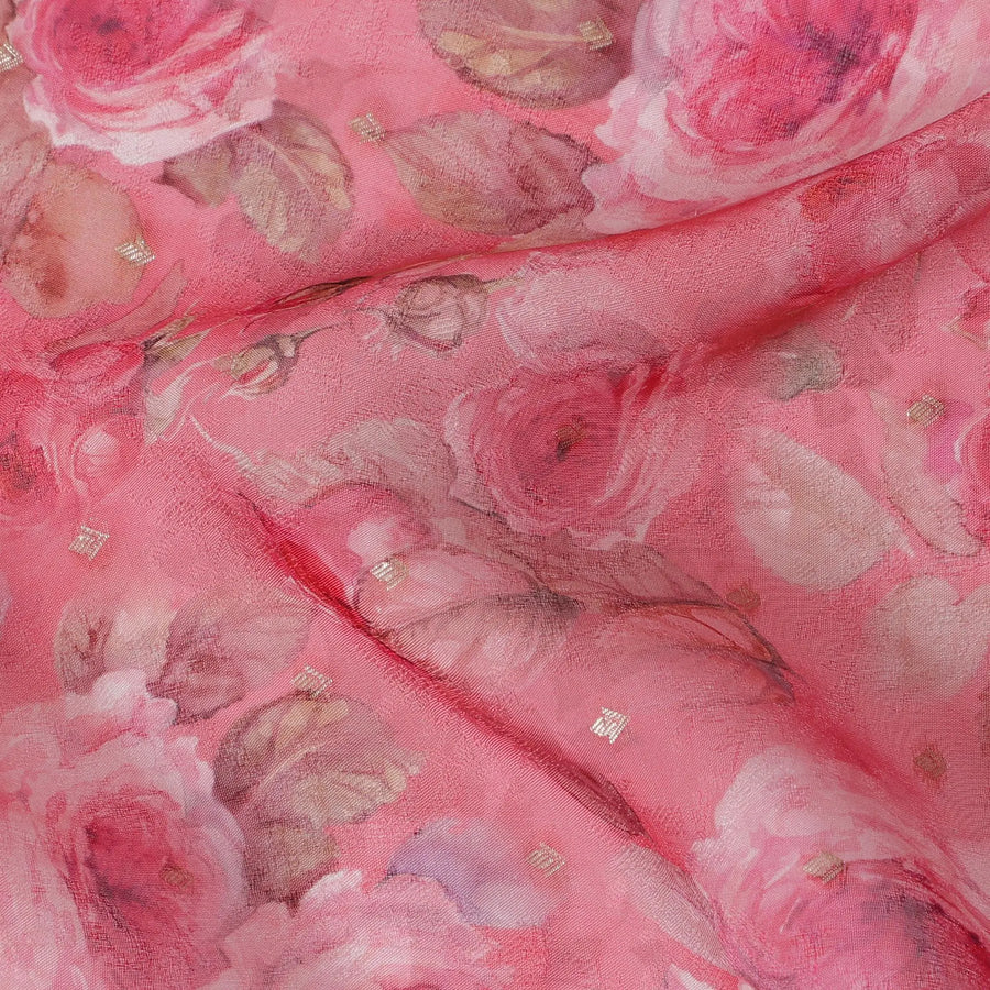 Pink Floral Synthetic Organza Fabric - 110 cm Width, Made in India-D19645 Regal Fabrics