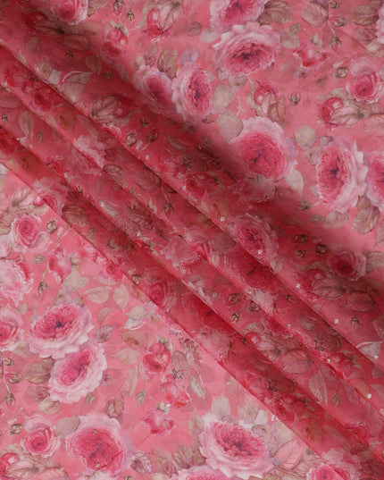 Pink Floral Synthetic Organza Fabric - 110 cm Width, Made in India-D19645