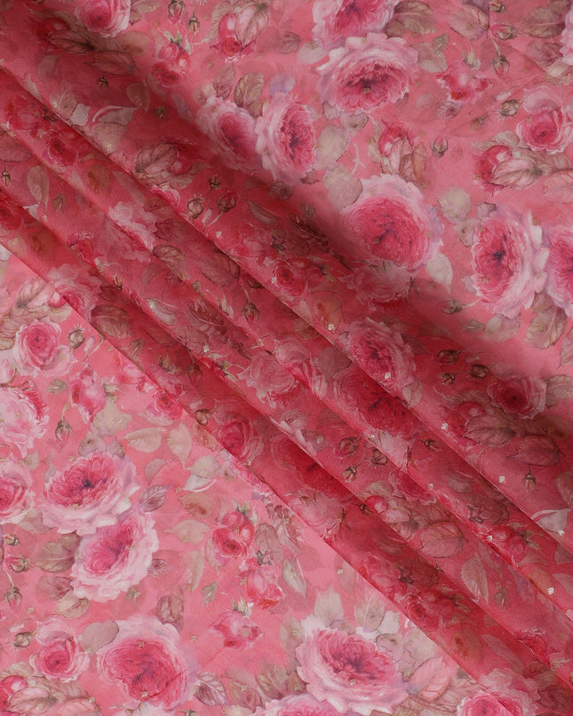 Pink Floral Synthetic Organza Fabric - 110 cm Width, Made in India-D19645 Regal Fabrics