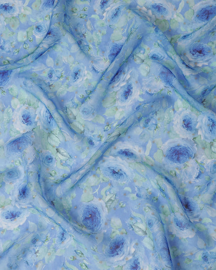 Baby Blue Floral Synthetic Organza Fabric - 110 cm Width, Made in India-D19646