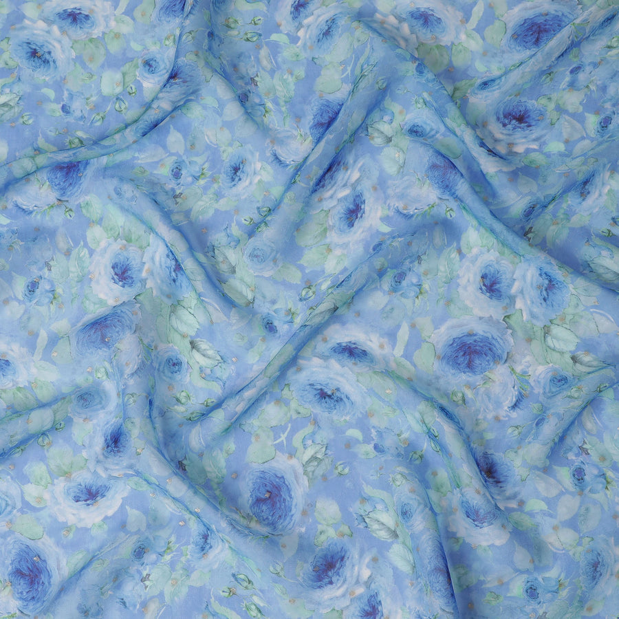 Baby Blue Floral Synthetic Organza Fabric - 110 cm Width, Made in India-D19646