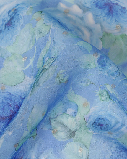 Baby Blue Floral Synthetic Organza Fabric - 110 cm Width, Made in India-D19646