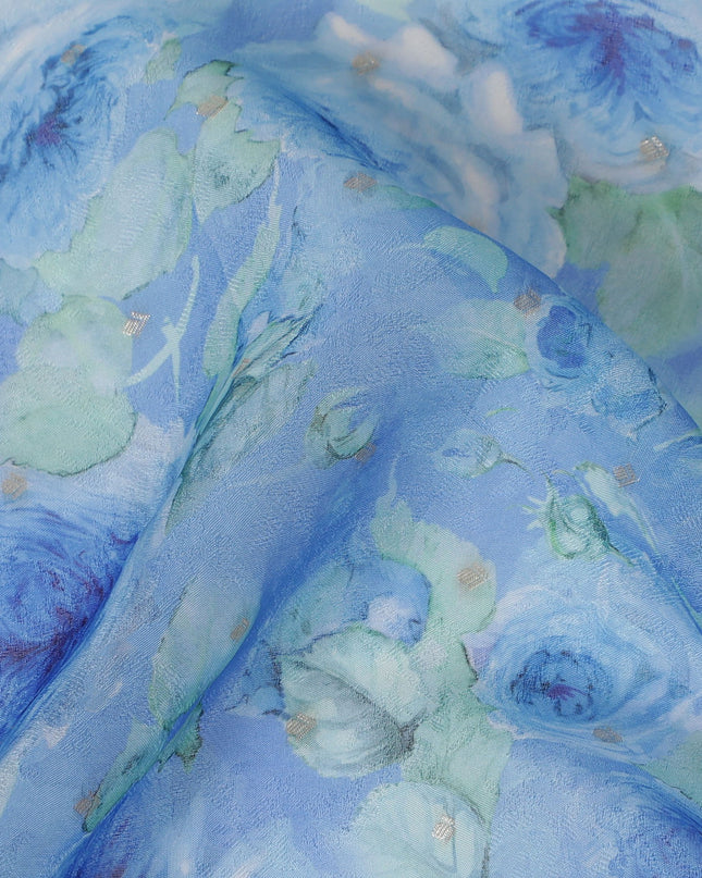 Baby Blue Floral Synthetic Organza Fabric - 110 cm Width, Made in India-D19646
